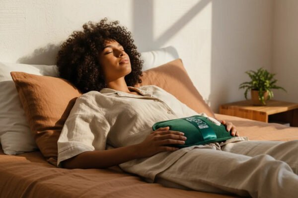 Femme allongée sur son lit avec une bouillotte sur le ventre