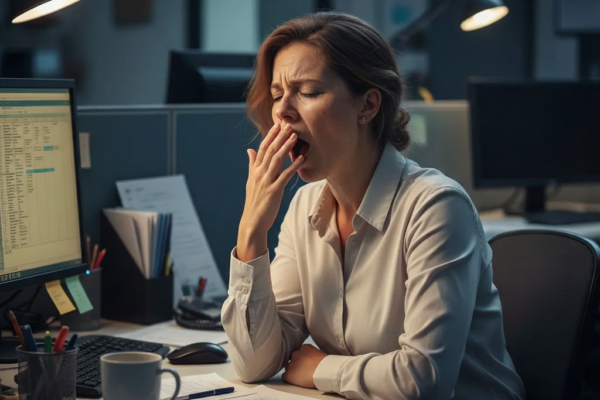 Femme fatiguée qui baille devant son ordinateur au bureau