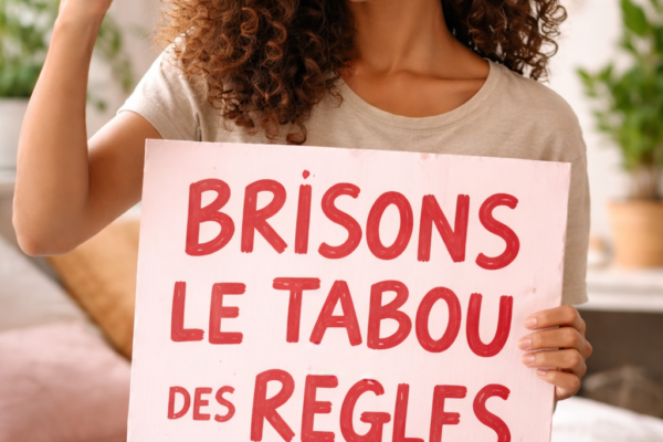 Jeune femme tenant une pancarte « Brisons le tabou des règles »