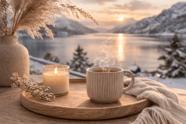 Bougie allumée et tasse fumante devant un paysage de montagne enneigé