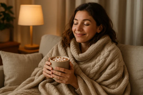 Femme souriante enveloppée dans un plaid, un chocolat chaud à la main