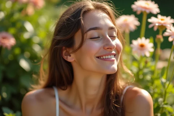 Femme souriante, les yeux fermés, au milieu de fleurs