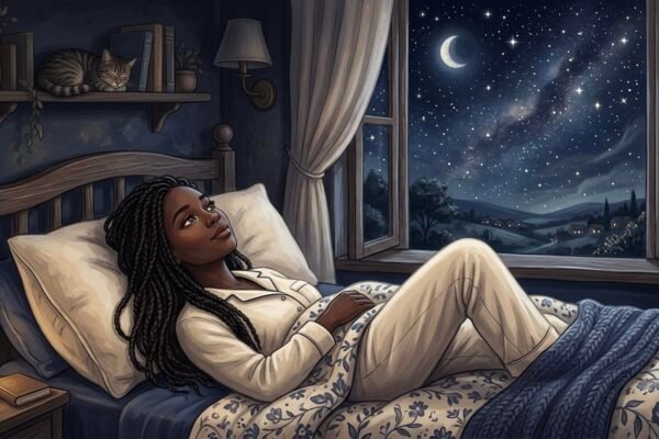 Femme allongée éveillée dans son lit la nuit, sans parvenir à dormir