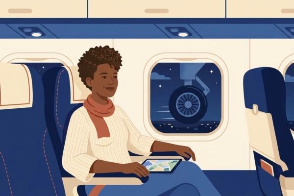 Illustration d'une femme assise dans un avion, regardant par le hublot