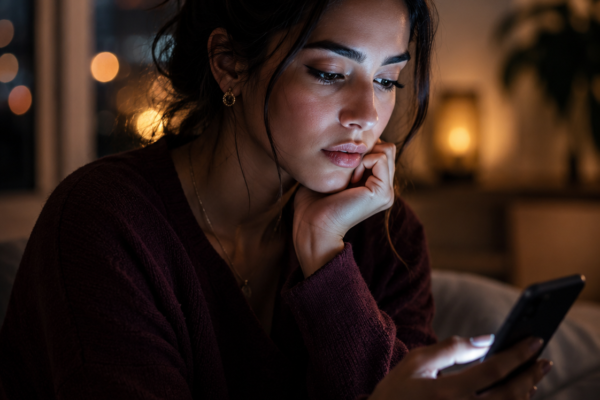Femme pensive éclairée par l'écran de son téléphone, la nuit