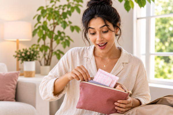 Jeune femme sortant une serviette hygiénique de sa trousse