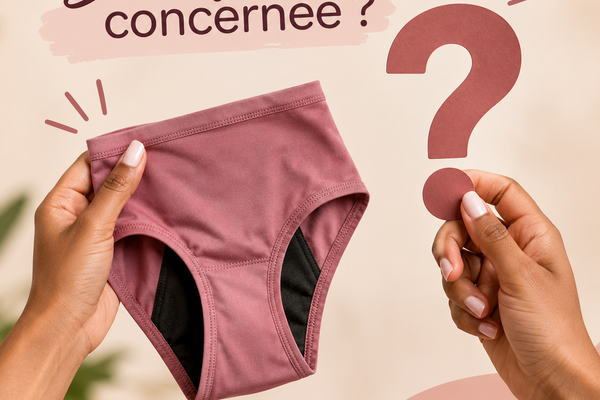 Mains tenant une culotte menstruelle et un point d'interrogation : « Suis-je concernée ? »