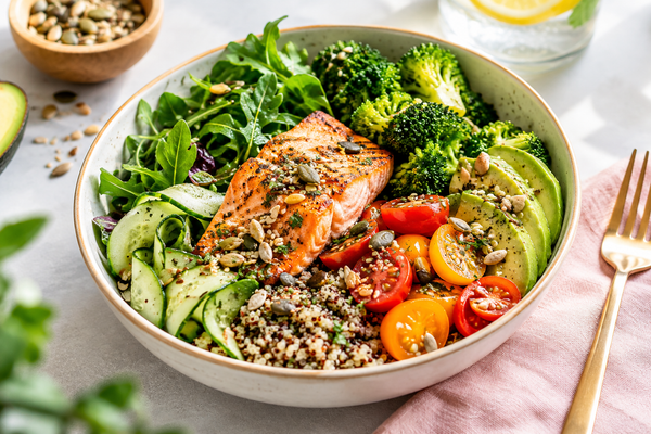 Bol d'alimentation anti-inflammatoire : saumon, quinoa, brocolis, avocat et tomates