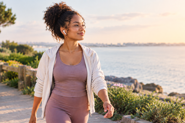 Femme qui marche au bord de la mer en tenue de sport