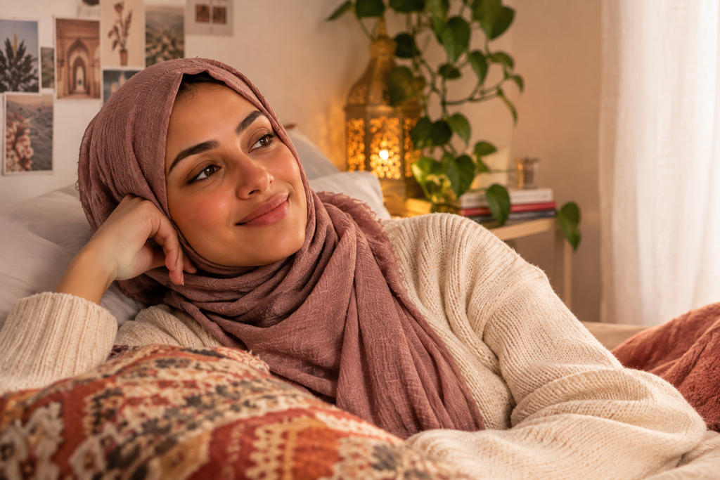 Femme portant un foulard, détendue et souriante sur un canapé