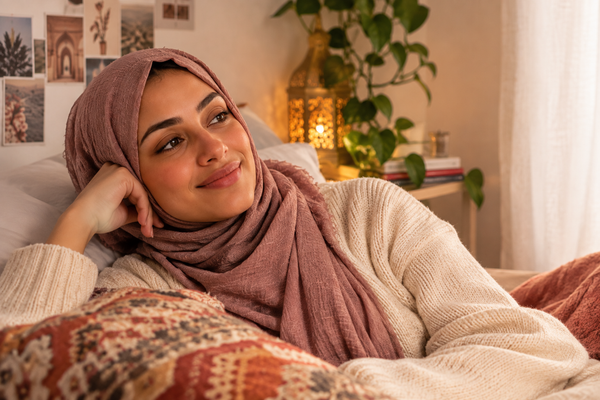 Femme portant un foulard, détendue et souriante sur un canapé