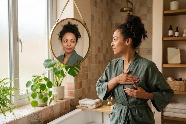 Femme dans sa salle de bain, main sur la poitrine, devant le miroir pour l'autopalpation mammaire