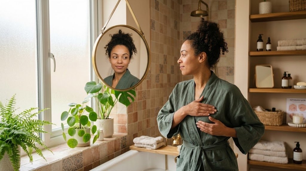 Femme dans sa salle de bain, main sur la poitrine, devant le miroir pour l'autopalpation mammaire