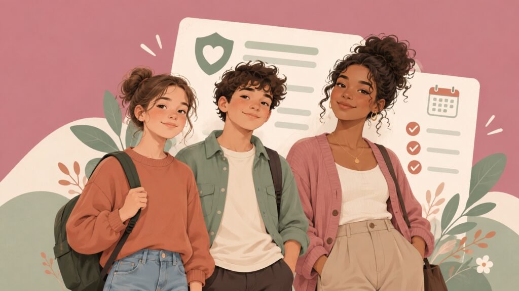 Un groupe de jeunes de tous âges, filles et garçons, souriant devant une carte de vaccination sur fond rose et vert