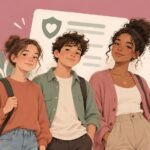 Un groupe de jeunes de tous âges, filles et garçons, souriant devant une carte de vaccination sur fond rose et vert