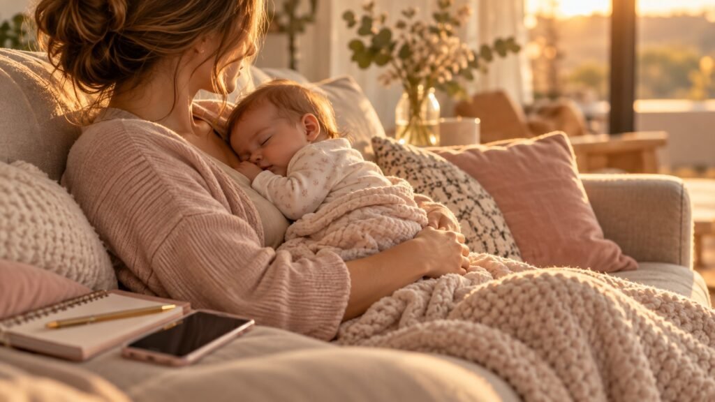 Femme assise sur un canapé avec son bébé endormi, un carnet et un téléphone posés à côté d’elle
