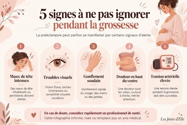 Infographie : 5 signes de prééclampsie à ne pas ignorer pendant la grossesse (maux de tête, troubles visuels, gonflement, douleur au ventre, tension élevée)