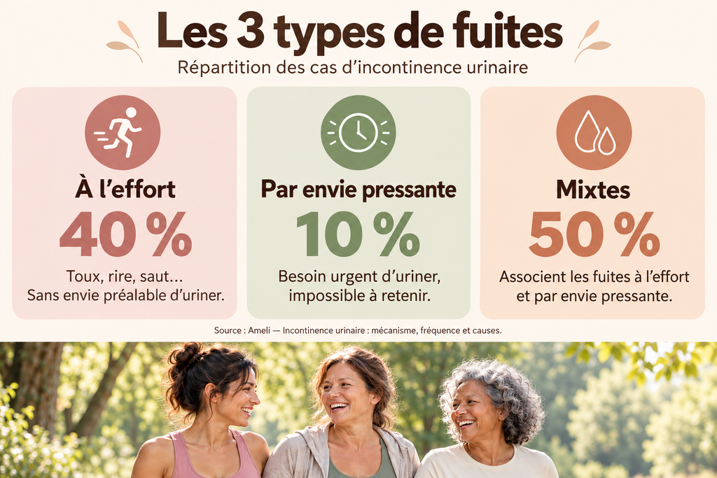 Schéma des trois types de fuites urinaires : à l’effort, par envie pressante et mixtes