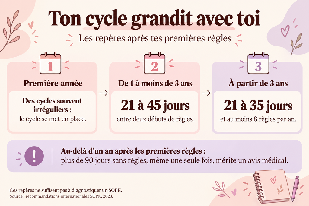 Frise des repères de durée de cycle selon les années après les premières règles