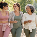 Trois femmes d’âges différents qui rient ensemble en tenue de sport dans un parc ensoleillé