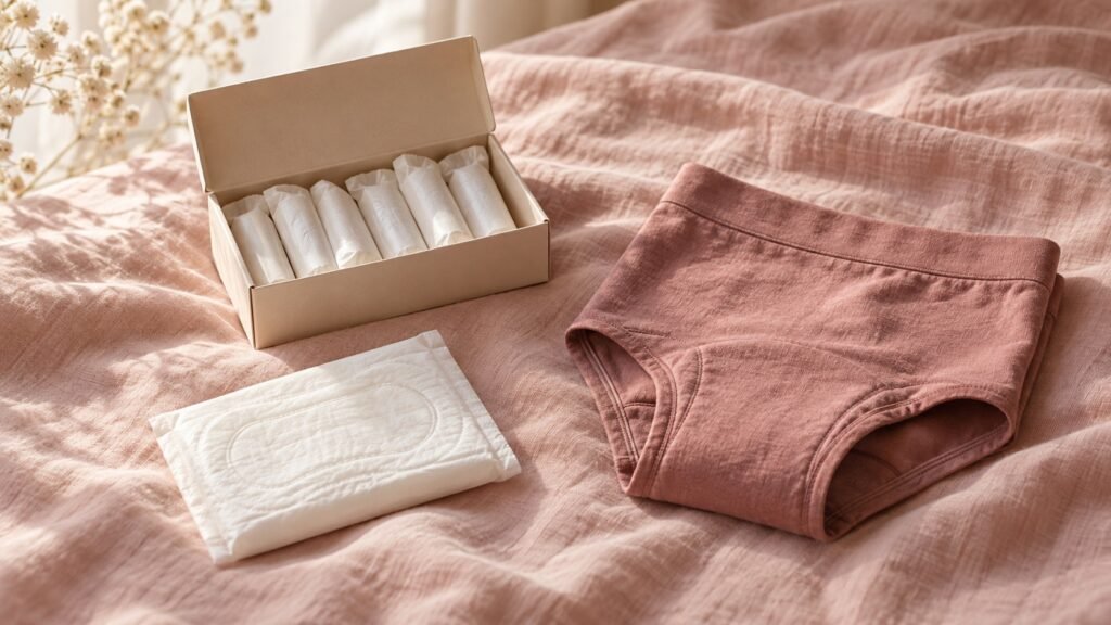 Boîte de tampons ouverte à côté d’une serviette et d’une culotte menstruelle sur un tissu rose poudré
