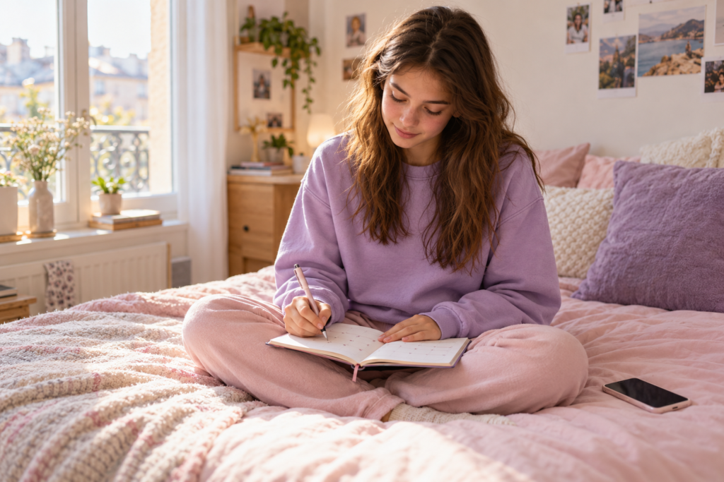 Adolescente assise sur son lit qui note des dates dans un carnet, un téléphone posé à côté d’elle