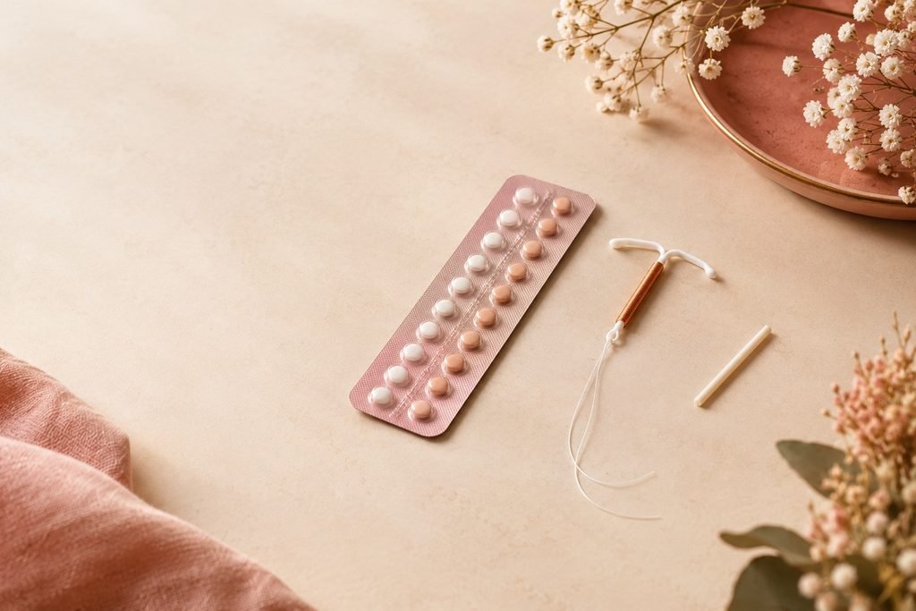 Plaquette de pilule contraceptive et stérilet posés sur un tissu rose