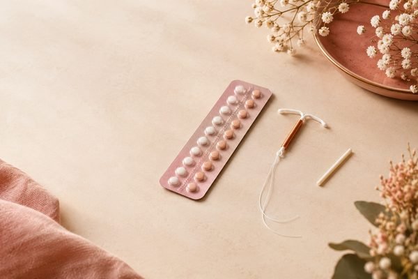 Plaquette de pilule contraceptive et stérilet posés sur un tissu rose