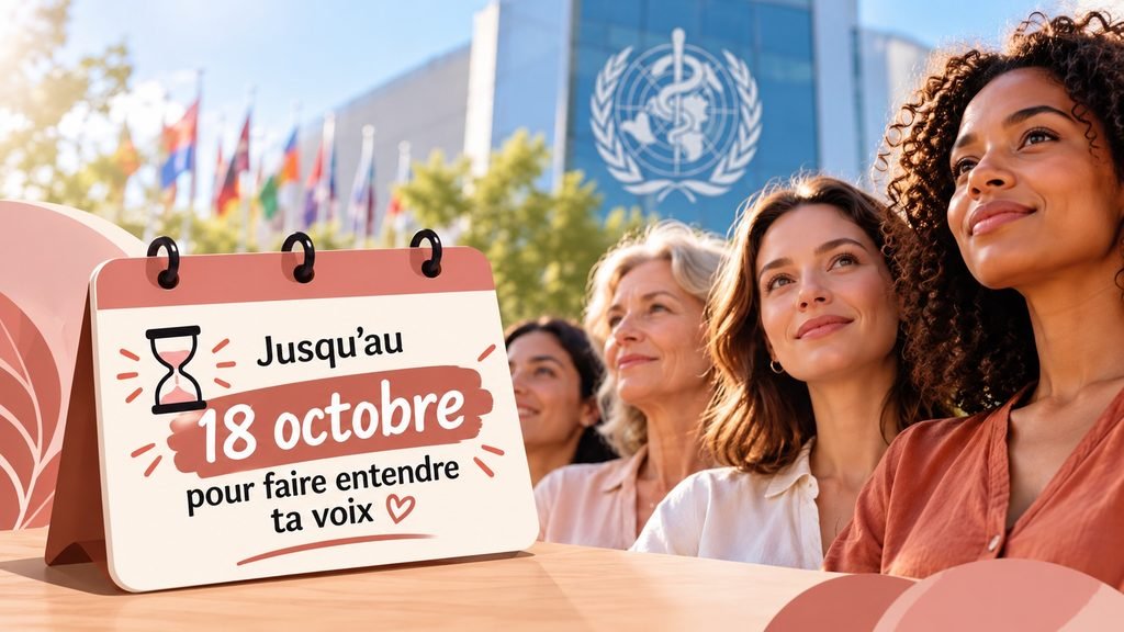 Femmes devant le siège de l'OMS avec un calendrier « Jusqu'au 18 octobre pour faire entendre ta voix »