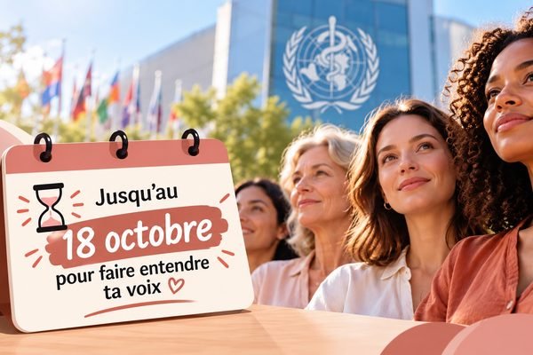 Femmes devant le siège de l'OMS avec un calendrier « Jusqu'au 18 octobre pour faire entendre ta voix »