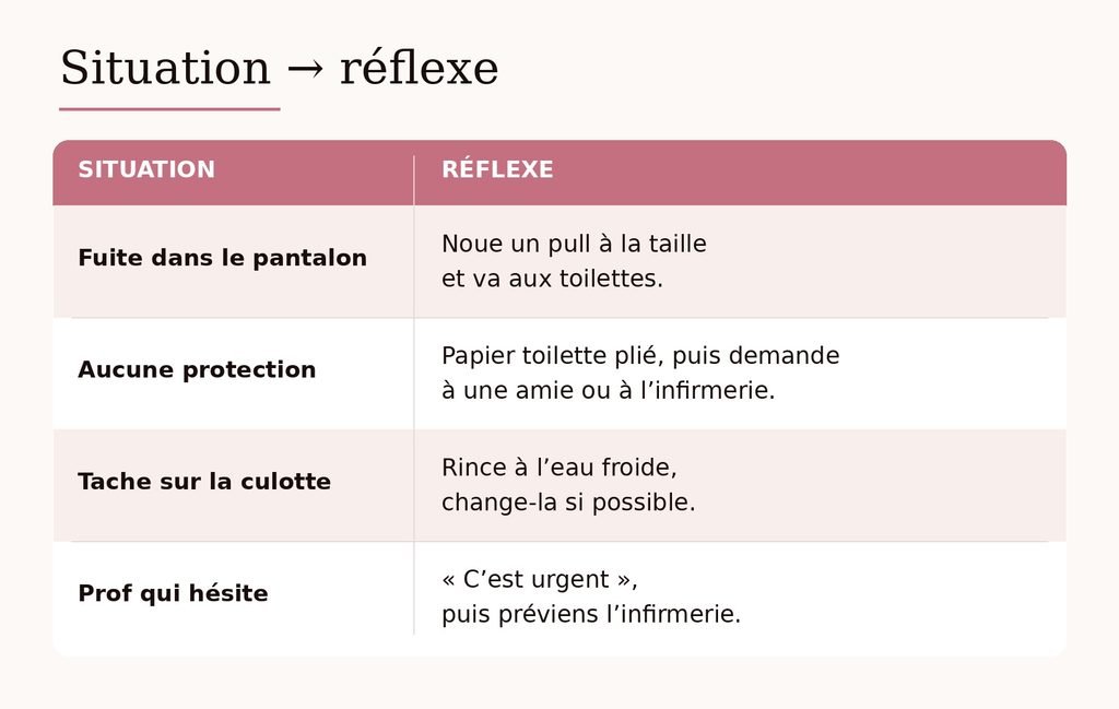 Tableau des réflexes à adopter selon la situation : fuite, absence de protection, tache, refus du prof